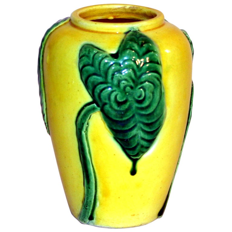 Awaji Pottery Vase with Applied Lily Leaves For Sale