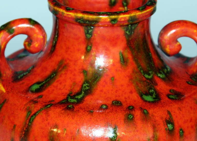 Mid-20th Century Awaji Pottery Art Deco Atomic Orange Lava Flambe Ceramic Glaze Vase