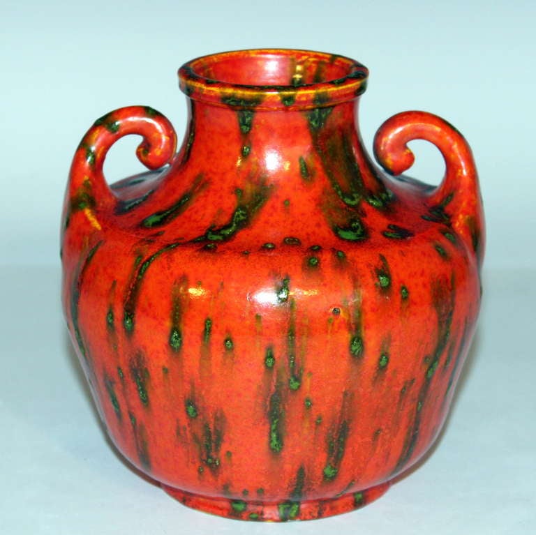 Awaji Pottery Art Deco Atomic Orange Lava Flambe Ceramic Glaze Vase 1