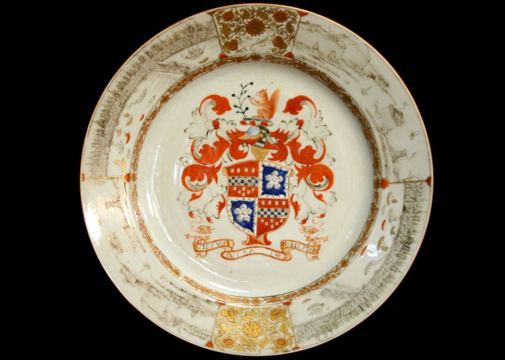 Large and rare charger from the Lee of Coton service, considered the finest armorial service ever ordered by an English family. The border showing early scenes of London viewed from the south bank of the Thames with London Bridge at the right and