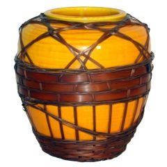 Antique Awaji Pottery Vase with Bamboo Weaving