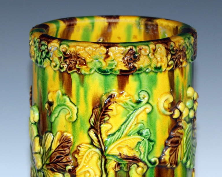 Antique Awaji Pottery Sancai Glaze Brush Pot Vase Applied Chrysanthemums 3