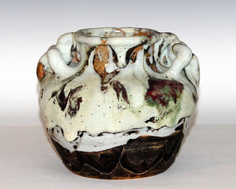 Modern Awaji Pottery Vase in Frothy Shino Glaze