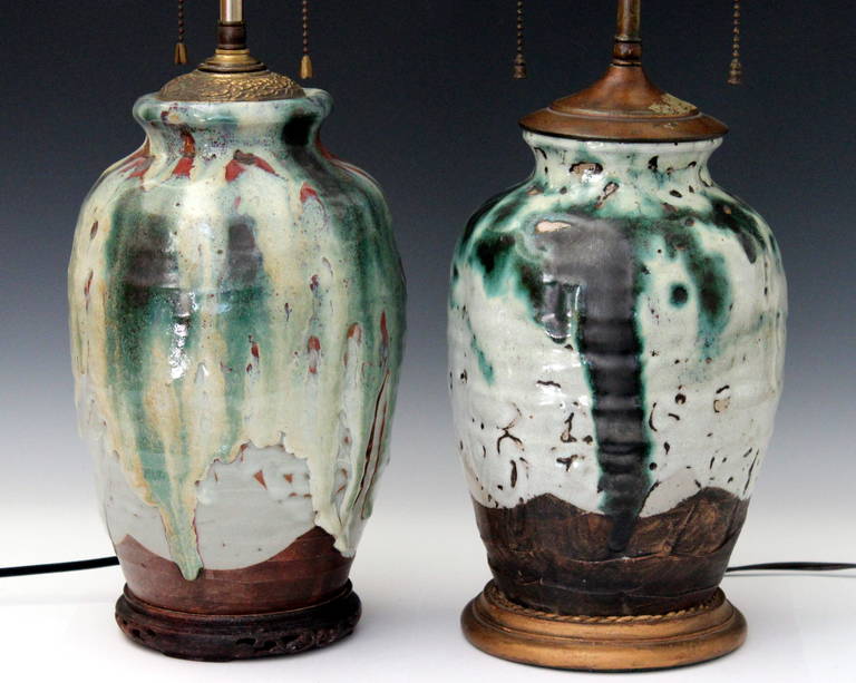 Modern Near Pair of Awaji Pottery Japanese Drip Glaze Wabi Sabi Zen Meditation Lamps