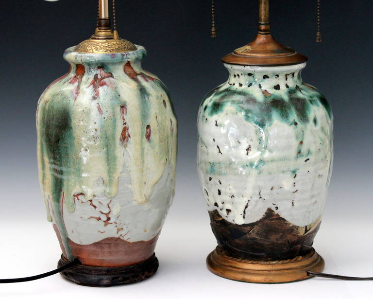 Turned Near Pair of Awaji Pottery Japanese Drip Glaze Wabi Sabi Zen Meditation Lamps