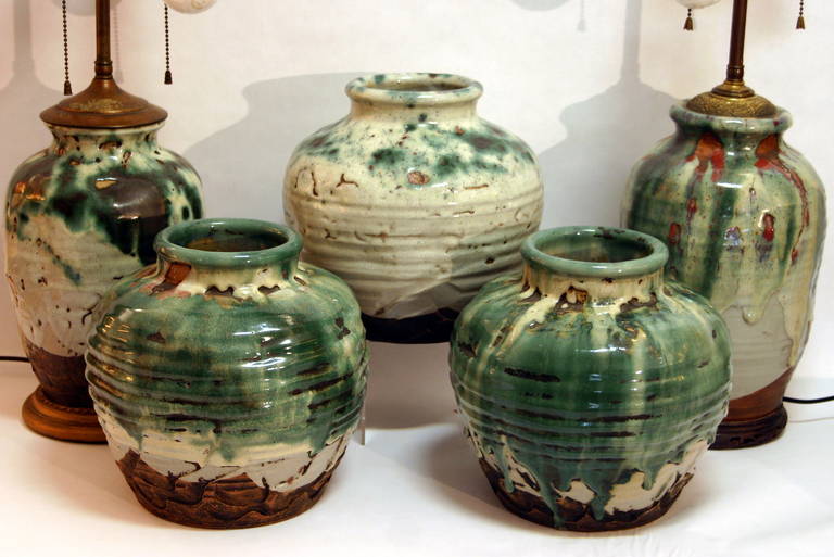 Mid-20th Century Near Pair of Awaji Pottery Japanese Drip Glaze Wabi Sabi Zen Meditation Lamps