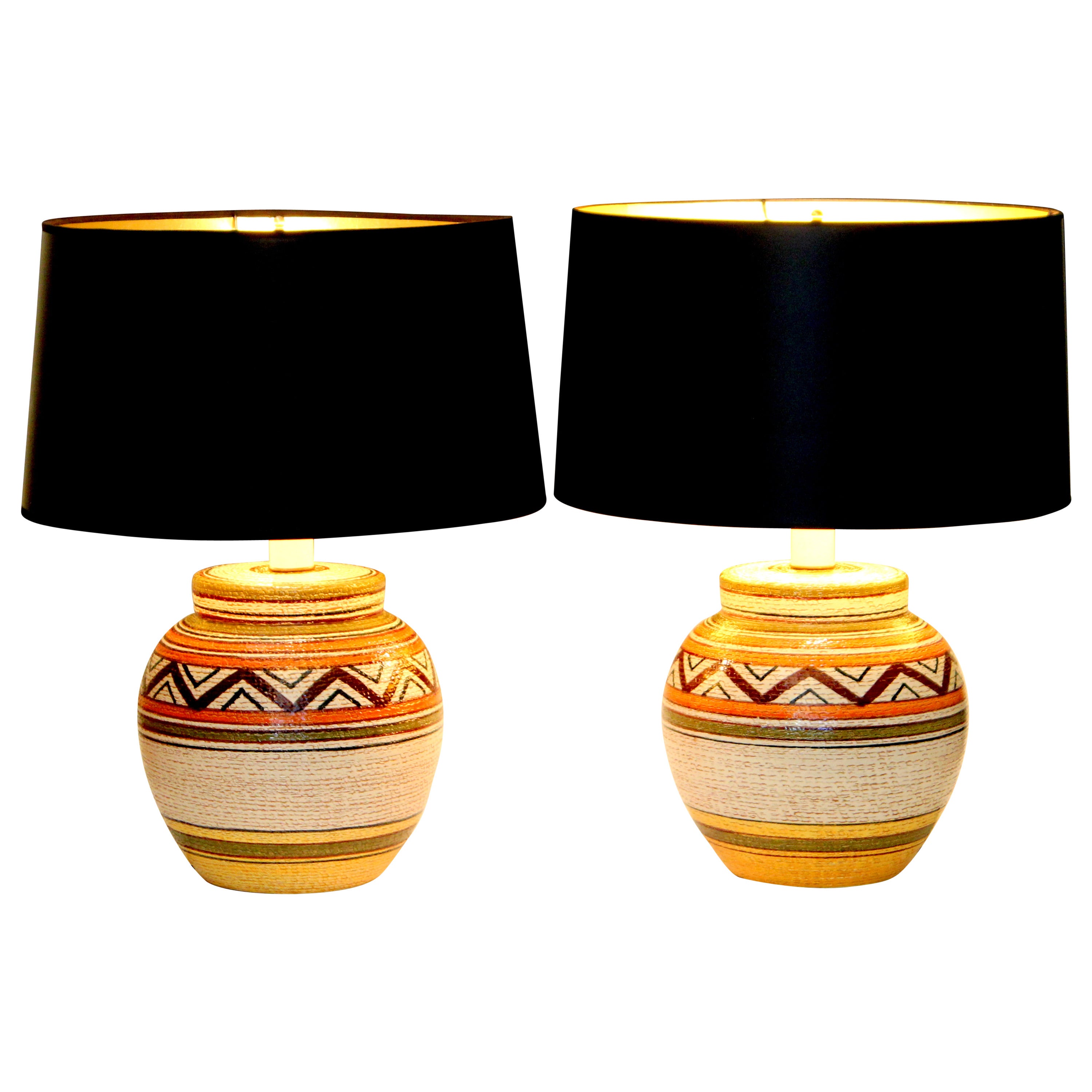 Pair of Vintage Bitossi Italian Art Pottery Navajo Tribal Lamps