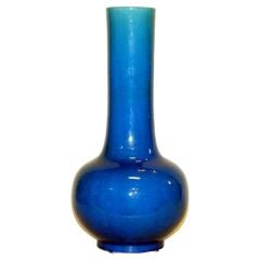 Large Antique Kyoto Pottery Blue Wide Neck Bottle Vase