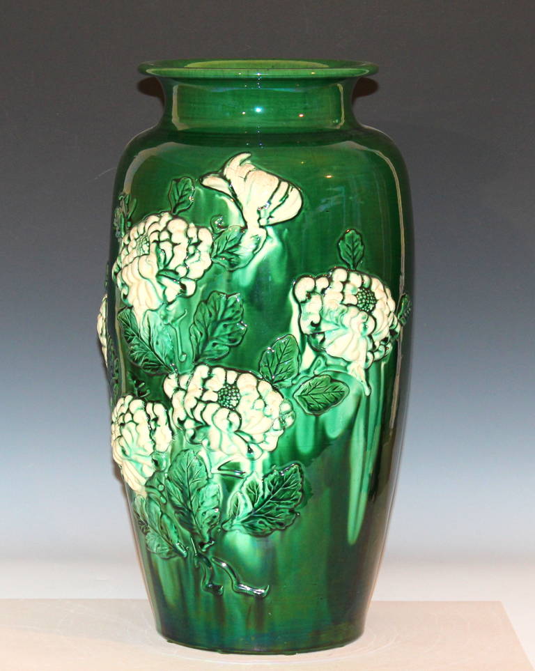 Arts and Crafts Large Awaji Vase with Applied Chrysanthemums
