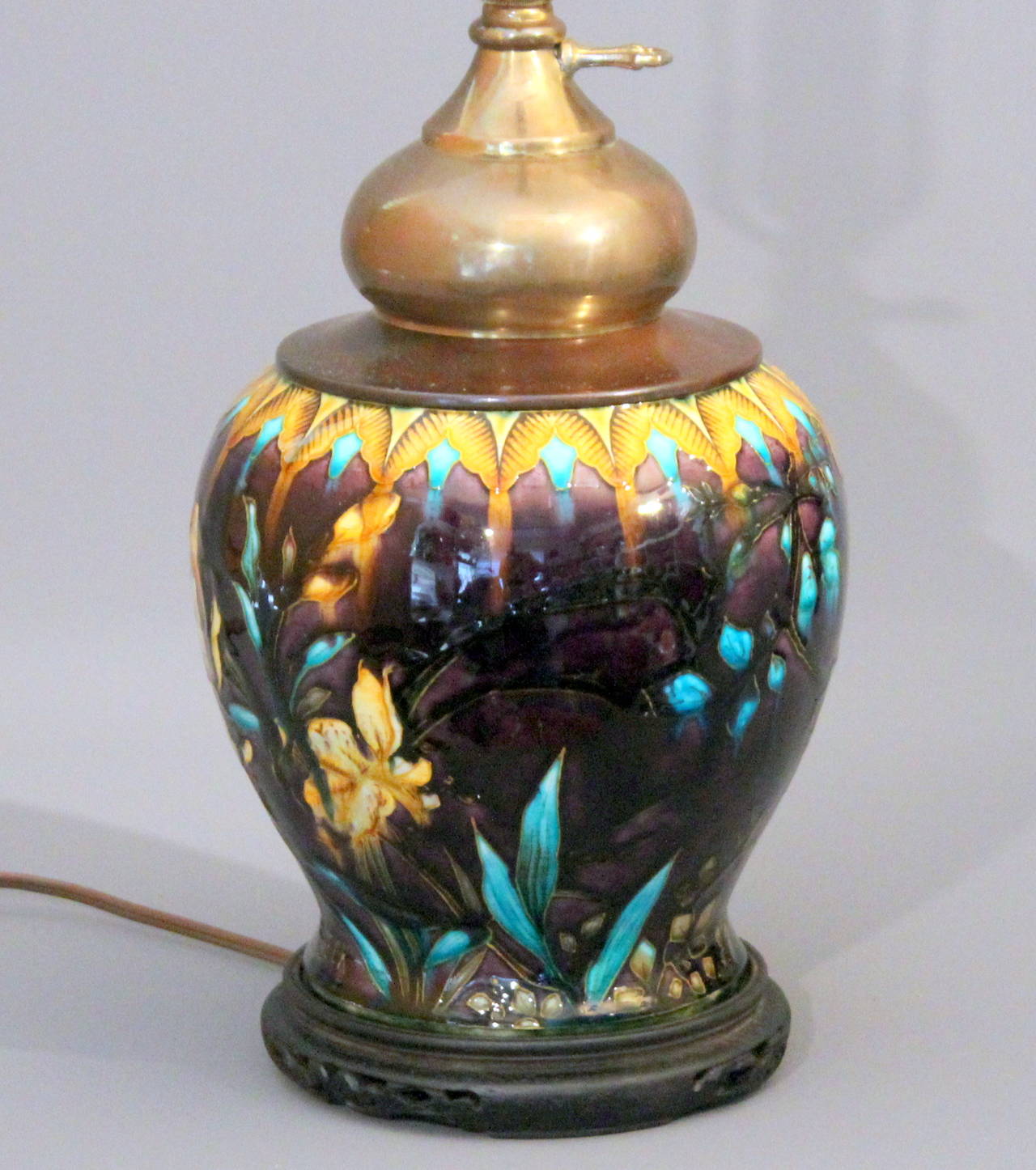Theodore Deck enameled French pottery oil lamp converted to electricity, circa 1870. Signed above foot and under base. 22