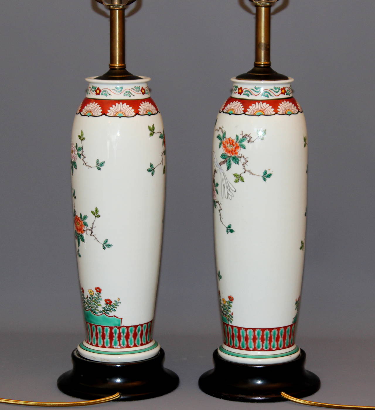 Enameled Matched Pair Vintage Japanese Porcelain Famille Verte Lamps