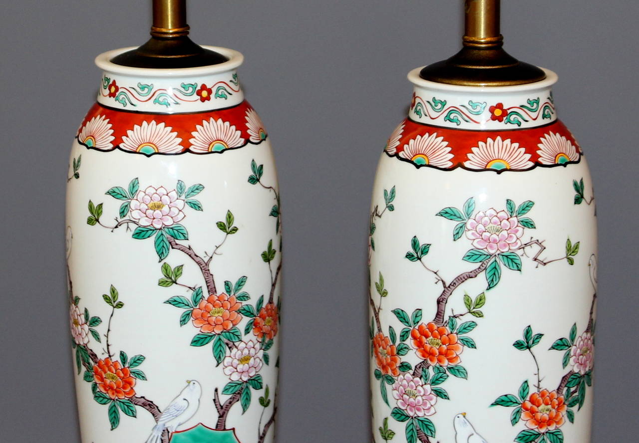 Matched Pair Vintage Japanese Porcelain Famille Verte Lamps 2