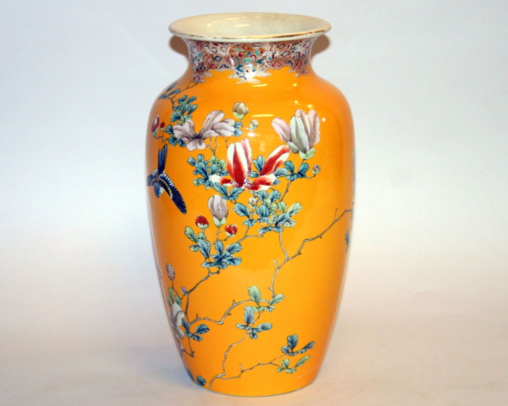 Large Satsuma Studio vase with a beautiful composition of birds amongst foliage finely rendered against a warm, mustard yellow ground. This appears to be an early experiment in breaking away from traditional satsuma type decoration (at neck) toward