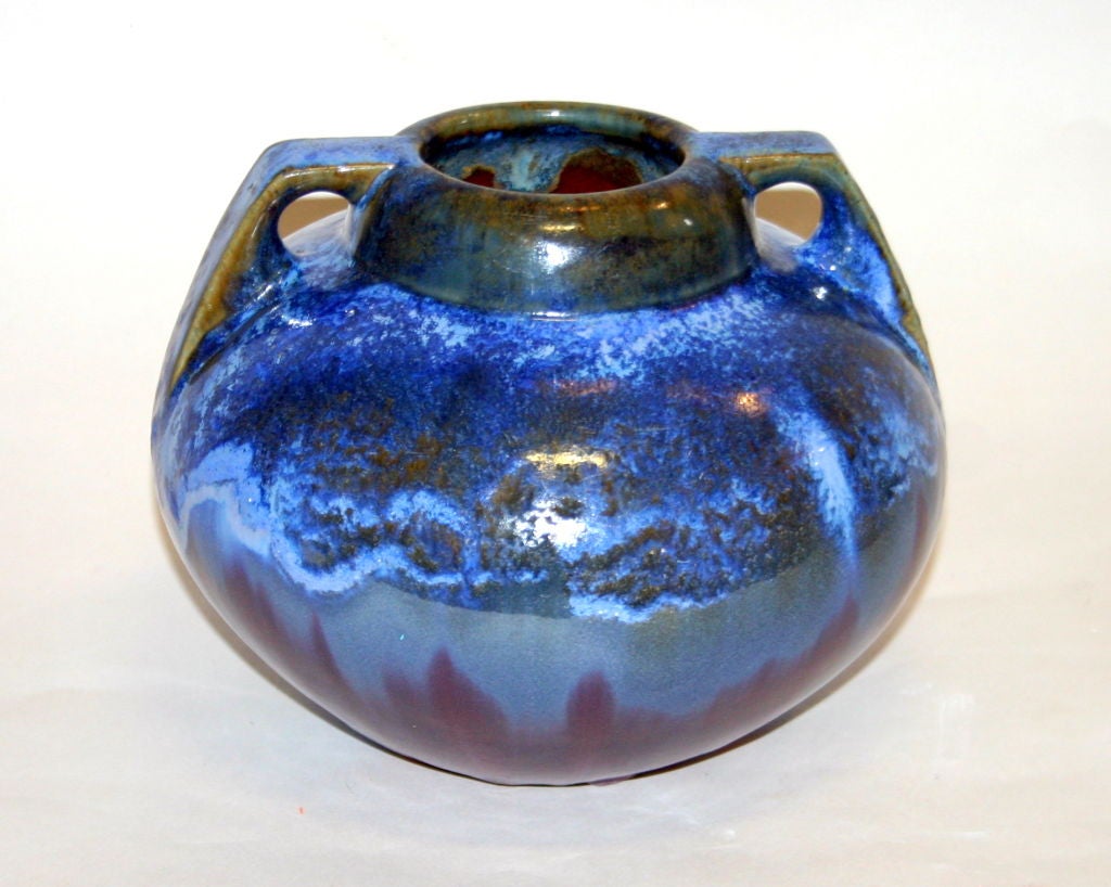 Fulper pottery vase with angular art deco handles and great, frothy, blue crystalline flambe glaze.