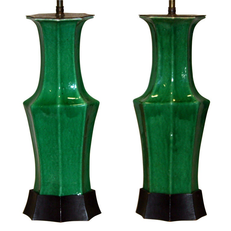 Pair Antique Chinese Porcelain Apple Green Lamps For Sale at 1stDibs