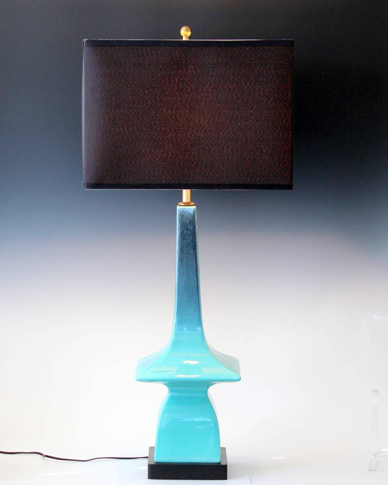 Large vintage space age lamp in terrific abstracted pagoda form with blue and turquoise flambe glaze, attributed to Frederick Cooper, circa 1960's. 37
