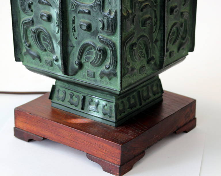 American Vintage James Mont Archaic Chinese Patinated Bronze Style Lamp