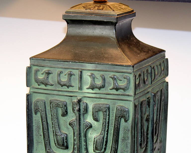 Vintage James Mont Archaic Chinese Patinated Bronze Style Lamp In Excellent Condition In Wilton, CT
