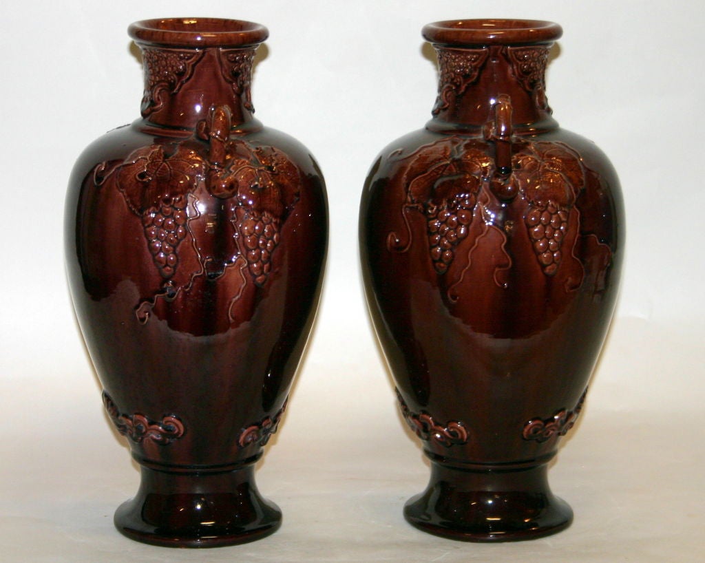 Meiji Pair of Antique Aubergine Kyoto Pottery Vases with Grape Vines For Sale