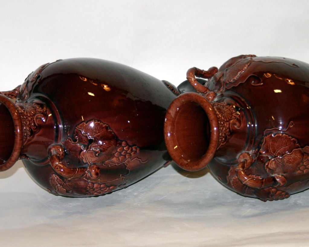 Japanese Pair of Antique Aubergine Kyoto Pottery Vases with Grape Vines For Sale