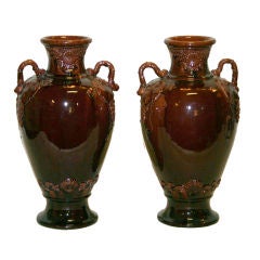 Pair of Antique Aubergine Kyoto Pottery Vases with Grape Vines