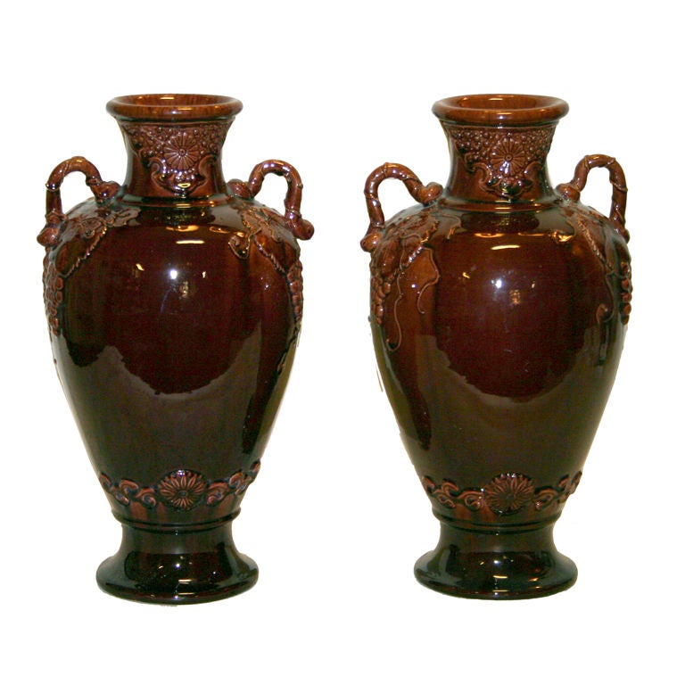 Pair of Antique Aubergine Kyoto Pottery Vases with Grape Vines For Sale