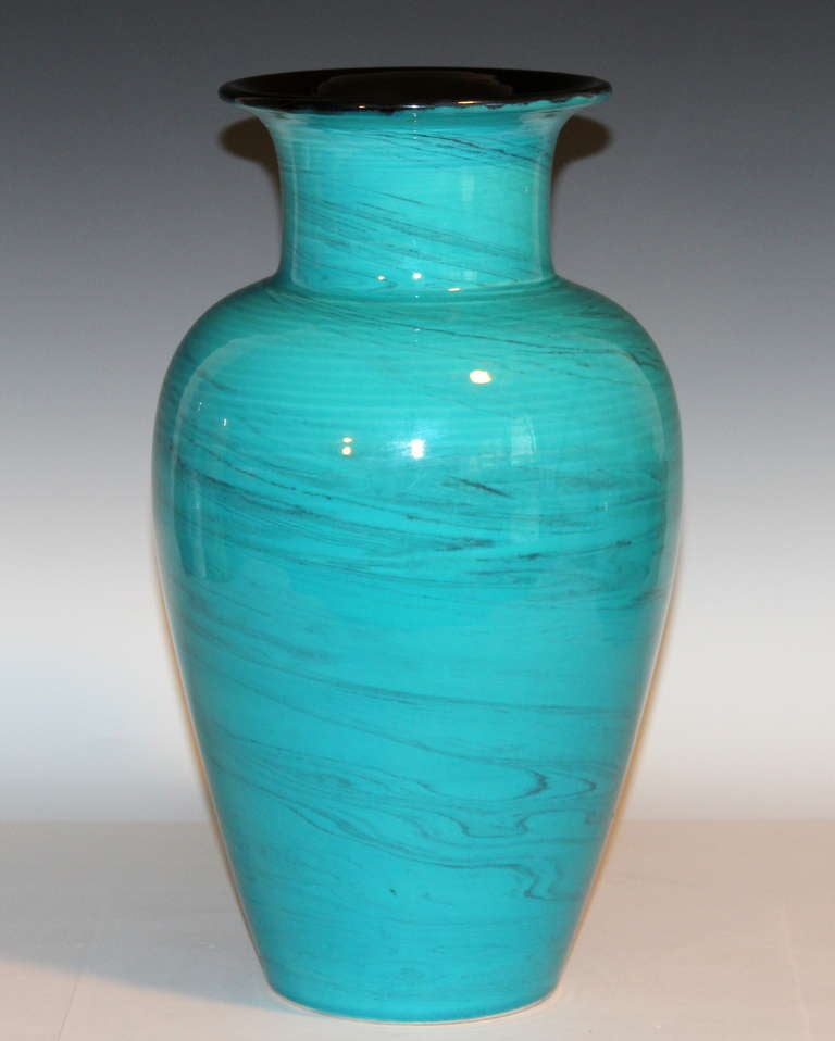Vintage Bitossi pottery vase with marbleized clay and bright turquoise glaze, circa 1970s. Measures: 14
