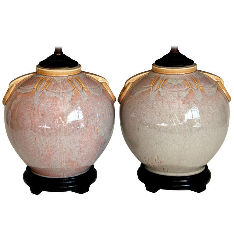 Pair Japanese Art Deco Flambe Porcelain Lamps at 1stdibs