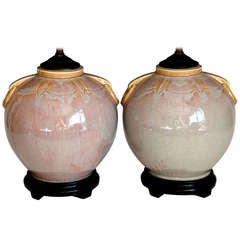 Vintage Pair Japanese Art Deco Flambe Porcelain Lamps