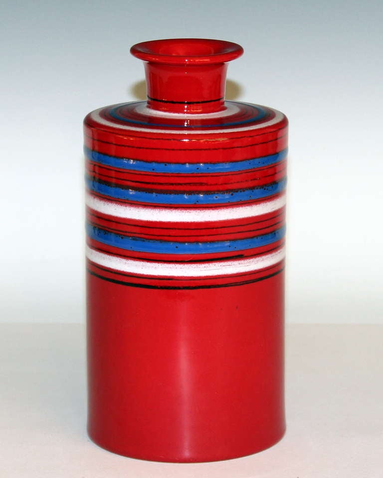 Red Bitossi Cylinder Vase with Enameled Rings