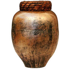 Antique Japanese Shigaraki Folk Art Pottery Mingei Storage Jar Vase and Cover
