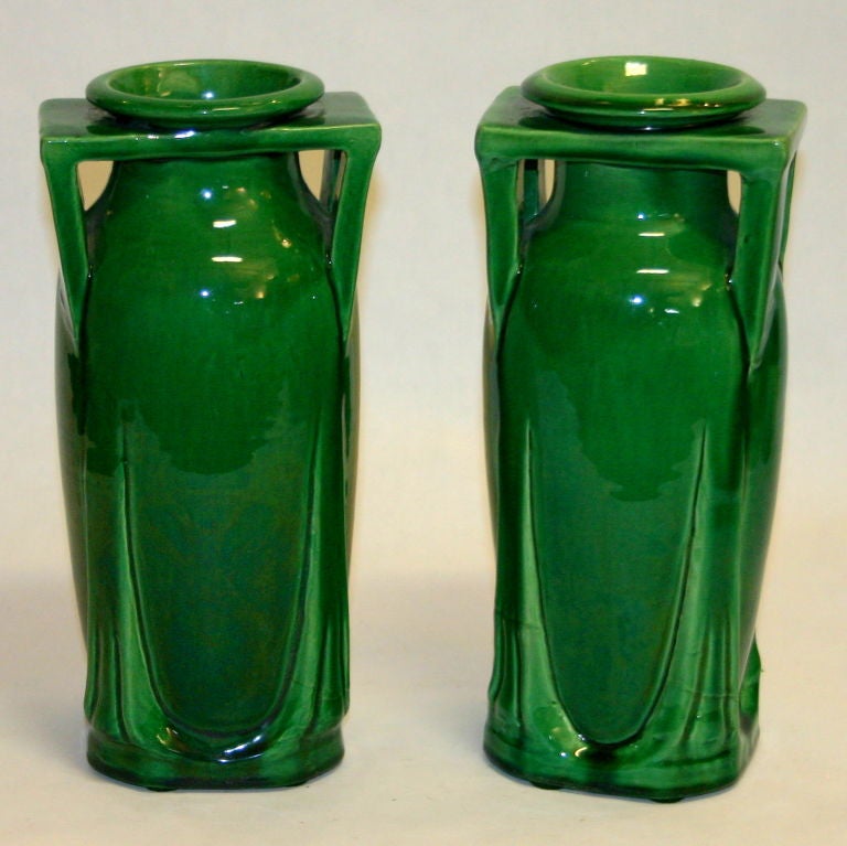 Pair of architectural Awaji pottery vases in deep green glaze.