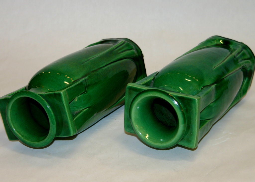 Art Deco Pair Awaji Pottery Buttress Handle Vases