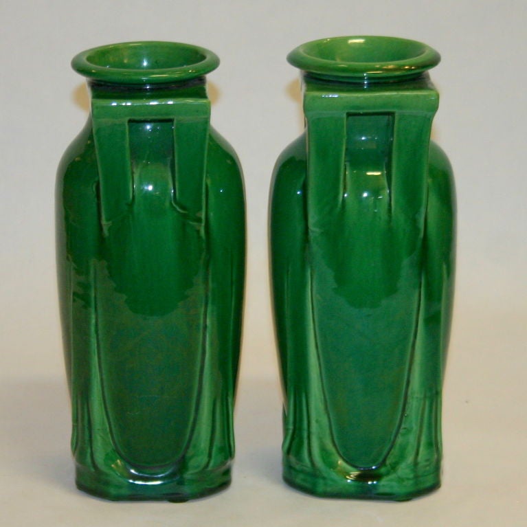 Japanese Pair Awaji Pottery Buttress Handle Vases