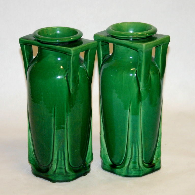 Hand-Crafted Pair Awaji Pottery Buttress Handle Vases