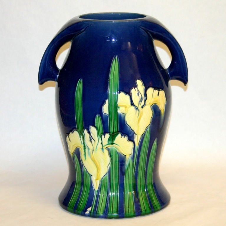 Large Awaji Art Deco Vase with Incised Irises on a Blue Ground For Sale
