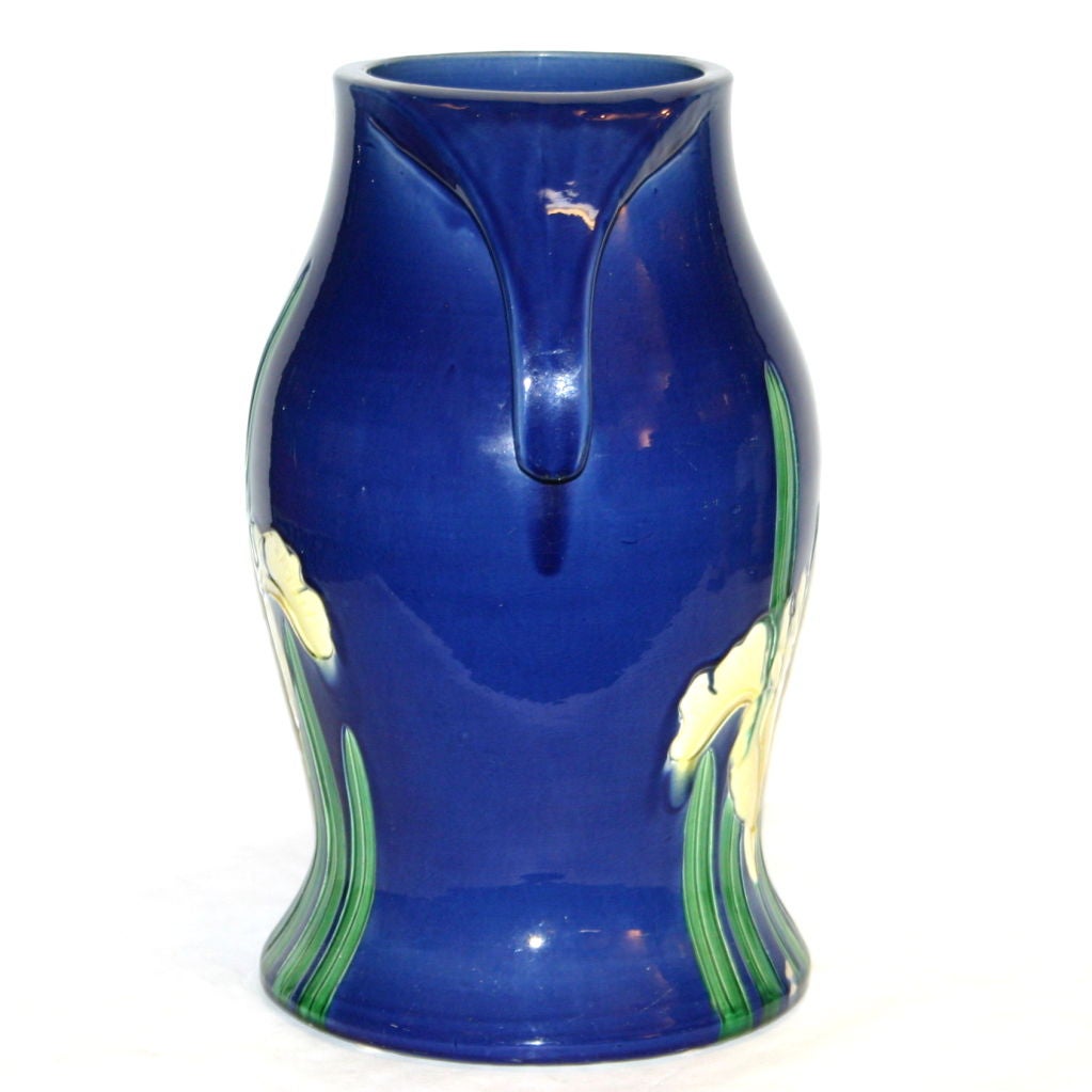 Large Awaji Art Deco Vase with Incised Irises on a Blue Ground For Sale