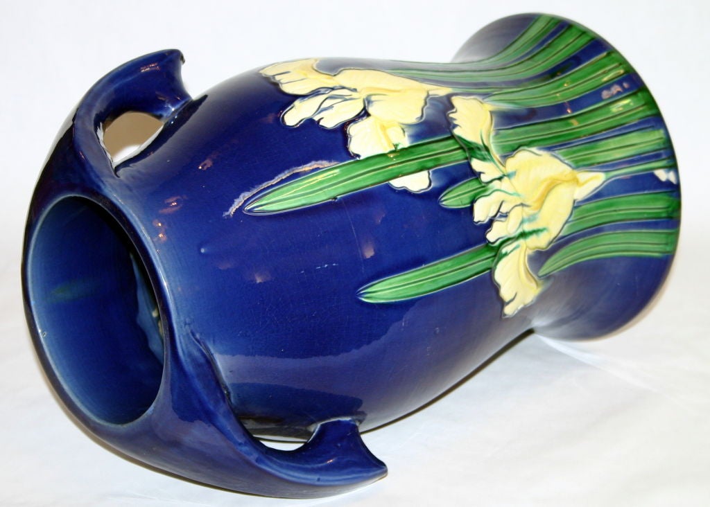 Large Awaji Art Deco Vase with Incised Irises on a Blue Ground For Sale