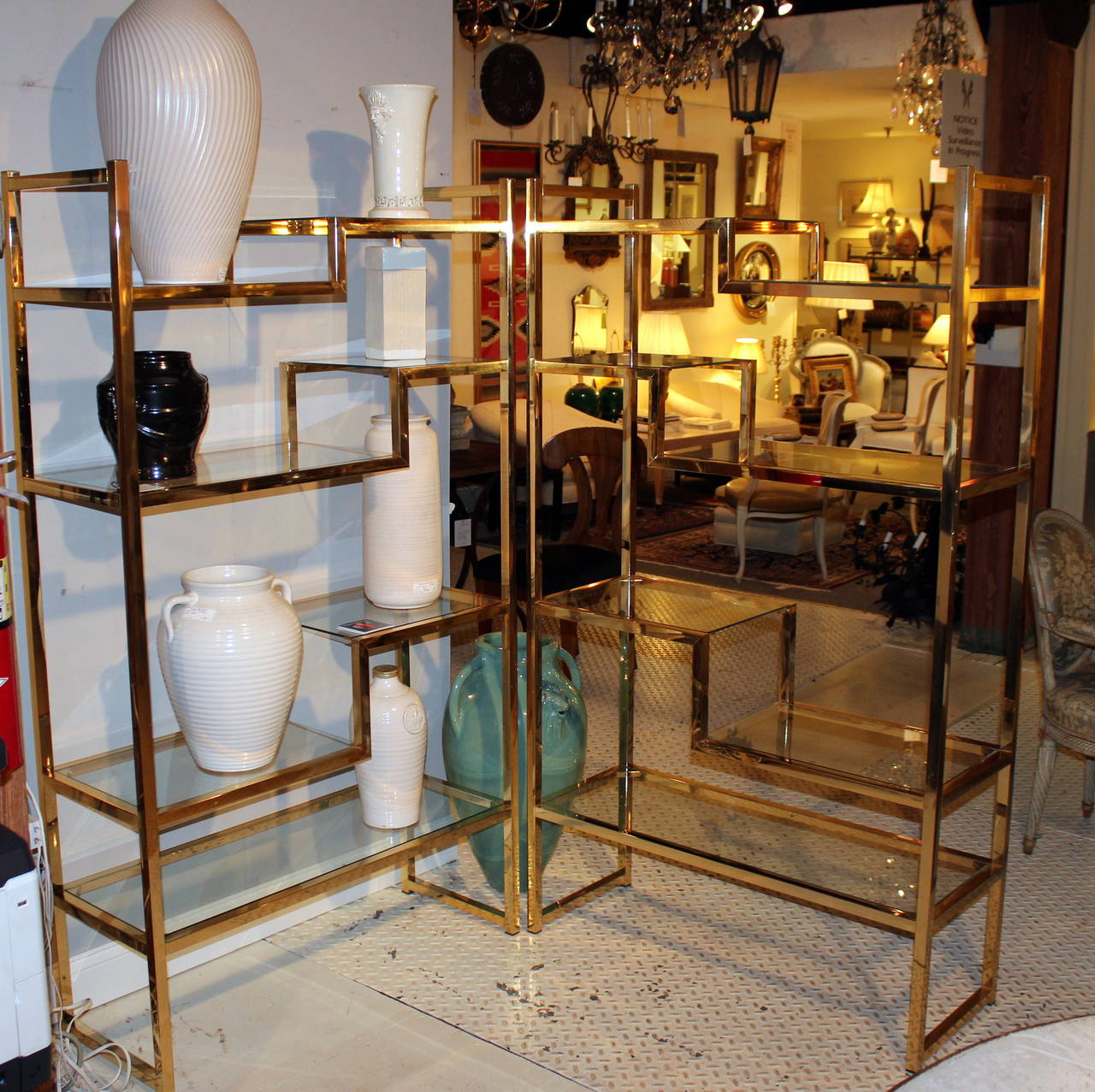 Pair of Vintage Mid-Century Brass and Glass Display Shelf Étagères