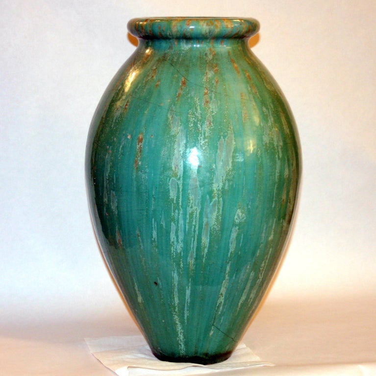 Large vase in green flambe glaze by the Galloway Terracotta Company in Philadelphia, PA.