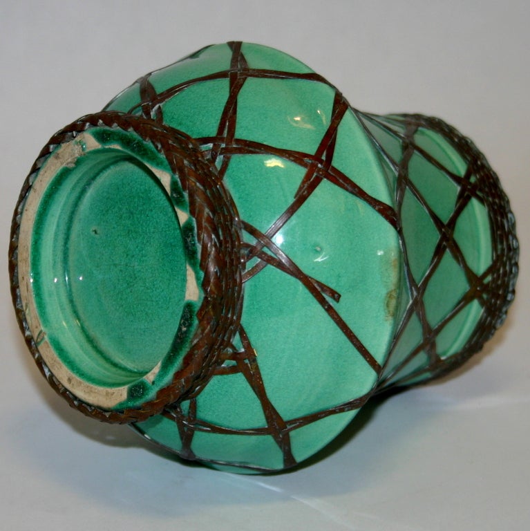 Awaji Pottery Brush Pot with Bronze Weaving 1