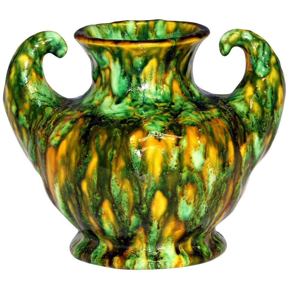Vintage Awaji Pottery Art Deco Biceps Vase with Frothy Lava Glaze