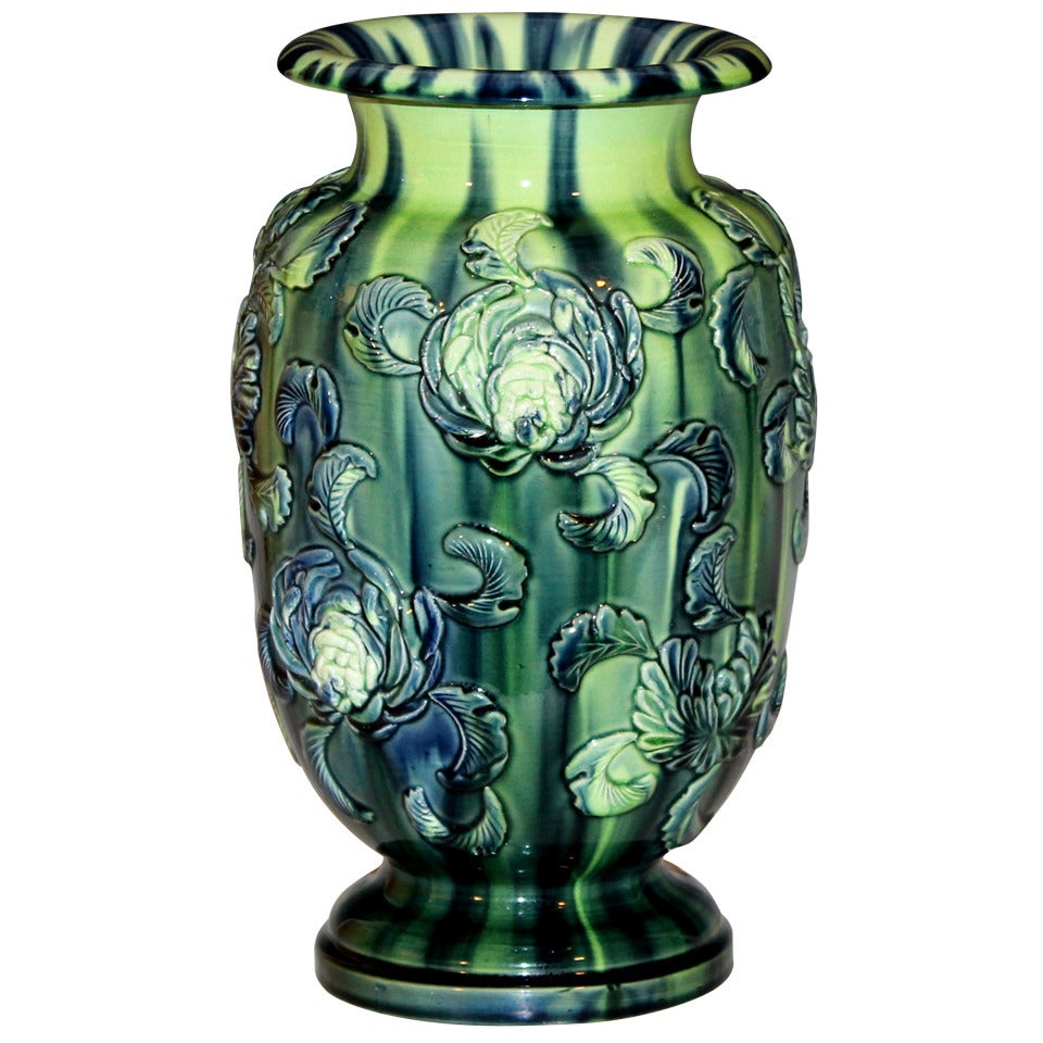 Antique Kyoto Pottery Vase with Applied Chrysanthemums For Sale