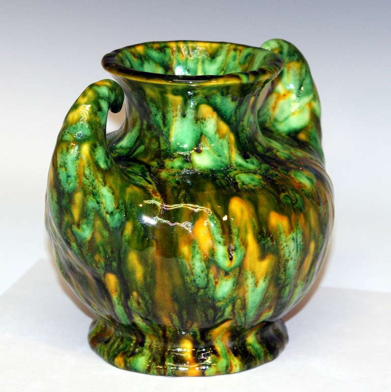 Turned Vintage Awaji Pottery Art Deco Biceps Vase with Frothy Lava Glaze