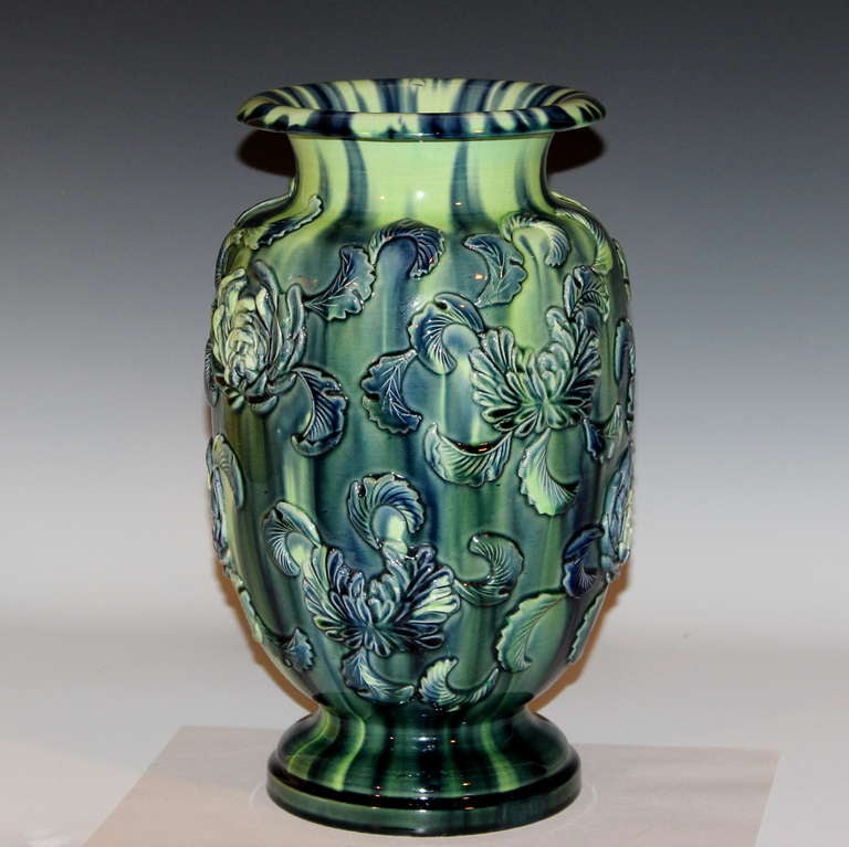 Art Nouveau Antique Kyoto Pottery Vase with Applied Chrysanthemums For Sale