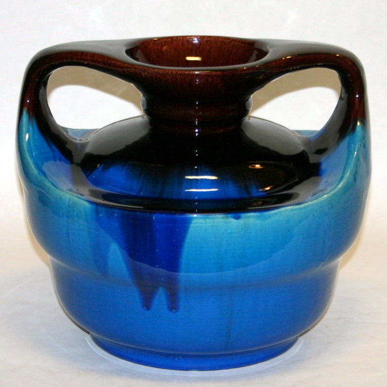 Large Kyoto pottery vase in aubergine and turquoise flambe glaze. Measures: 11