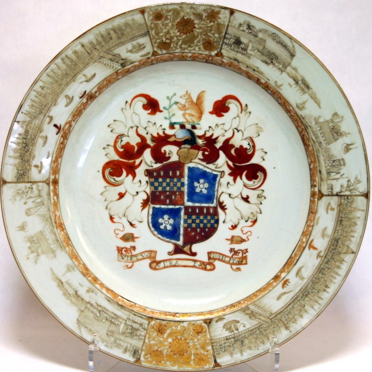 Large and rare charger from the Lee of Coton service, considered the finest armorial service ever ordered by an English family. The border showing early scenes of London viewed from the south bank of the Thames with London Bridge at the right and