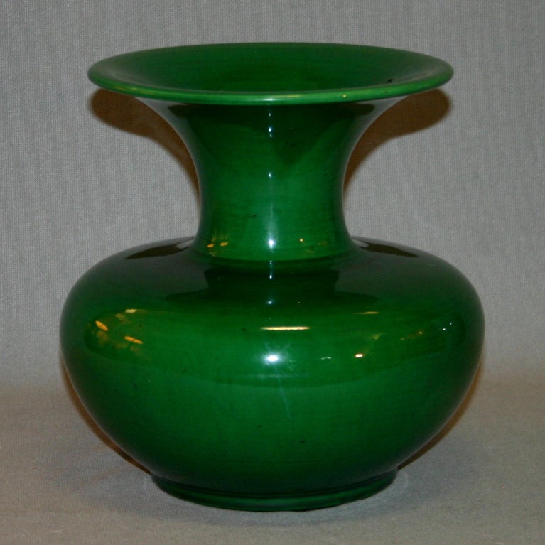 Awaji pottery vase in sensuous, organic, art nouveau form with deep green glaze.