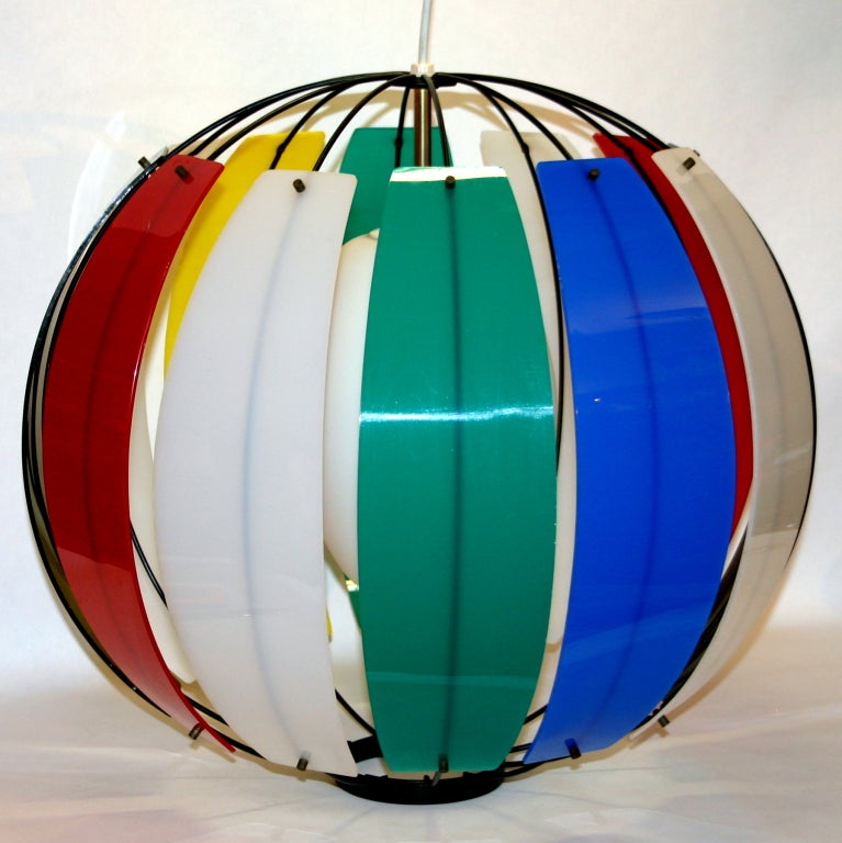 Rare Lightolier multi colored lucite ribbed pendant fixture. Arced Lucite 