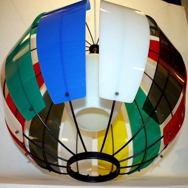 Minimalist Colorful Lightolier Round Metal and Ribbed Lucite Pendant Light